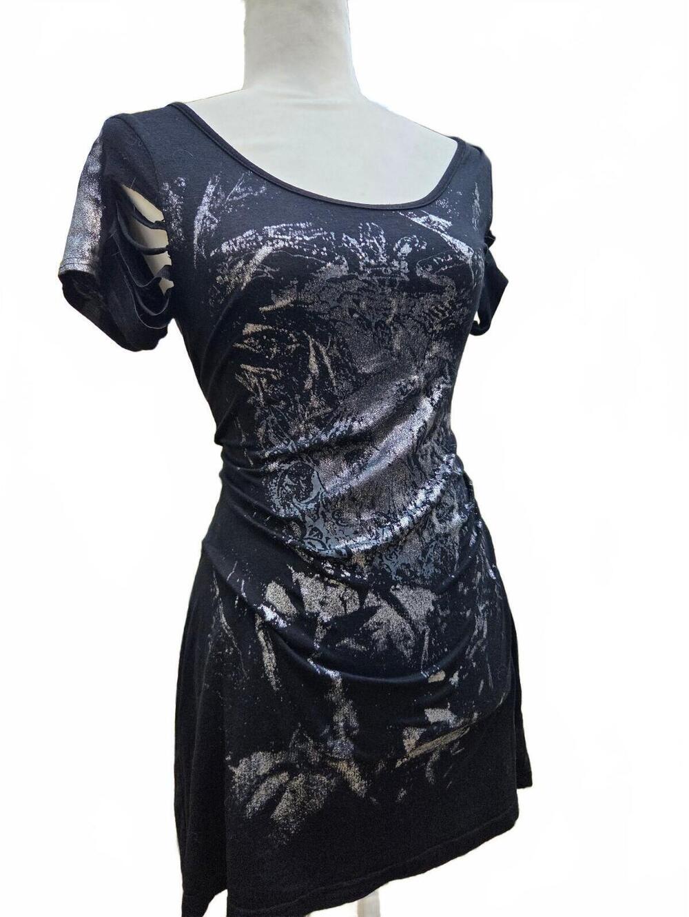 Y2K Alt Indie Sleaze Shimmer Foil Graphic Slit-Back Dress Medium